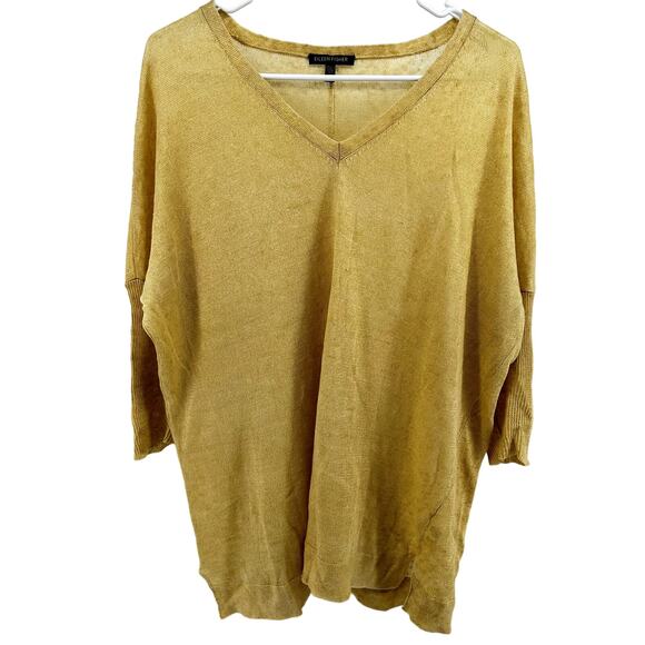 Eileen Fisher V Neck Long Sleeve Top Dolman Sleeve Ribbed Trim Linen Yellow S - Picture 1 of 5